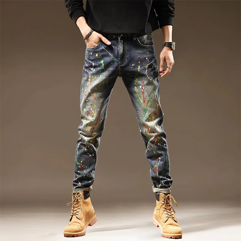 

TC2881 American tide brand jeans men's ink splash Slim small straight leg heavy industry gangster handsome personality pants
