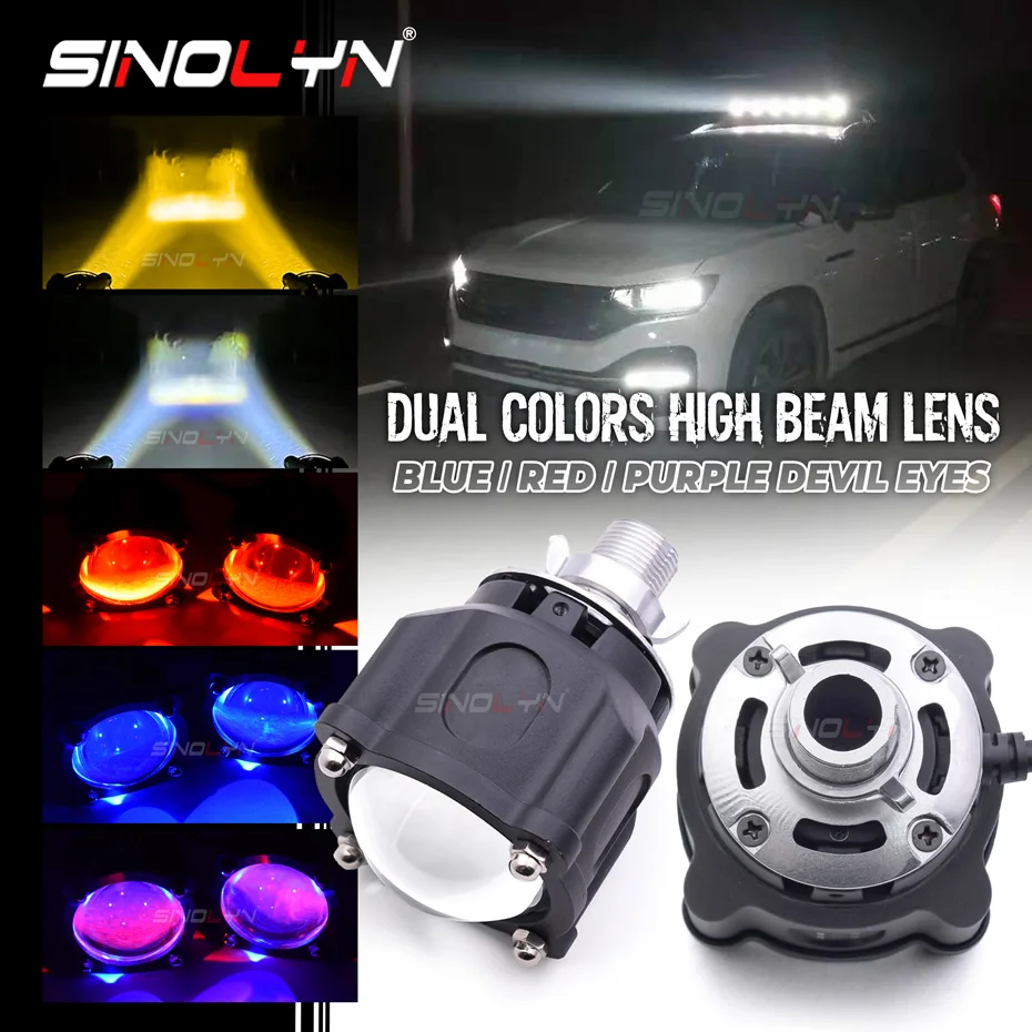 Sinolyn 50W Dual Colors LED High Beam Spotlights Devil Eyes LED Lights  Headlights Lenses For Car Motorcycle SUV Universal Kit