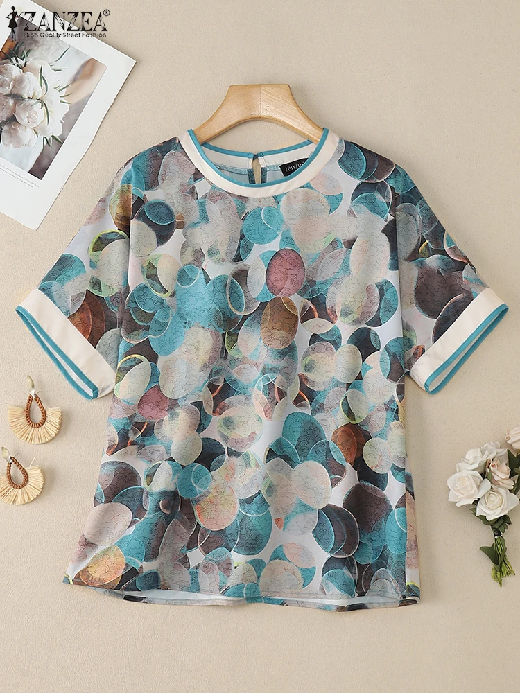 

Stylish Summer Printed Blouse ZANZEA Fashion Shirt Women Short Sleeve Tunic Tops Casual O Neck Loose Blusas Feamle Work Chemise