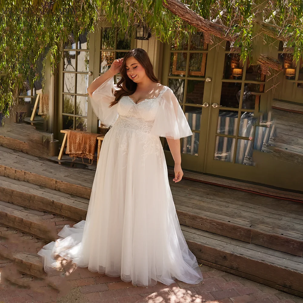 

Plus Size Beach Wedding Dresses Sweetheart Flare Sleeve Applique A Line Lace Bride Gowns robe mariée Civil 2026 Customized