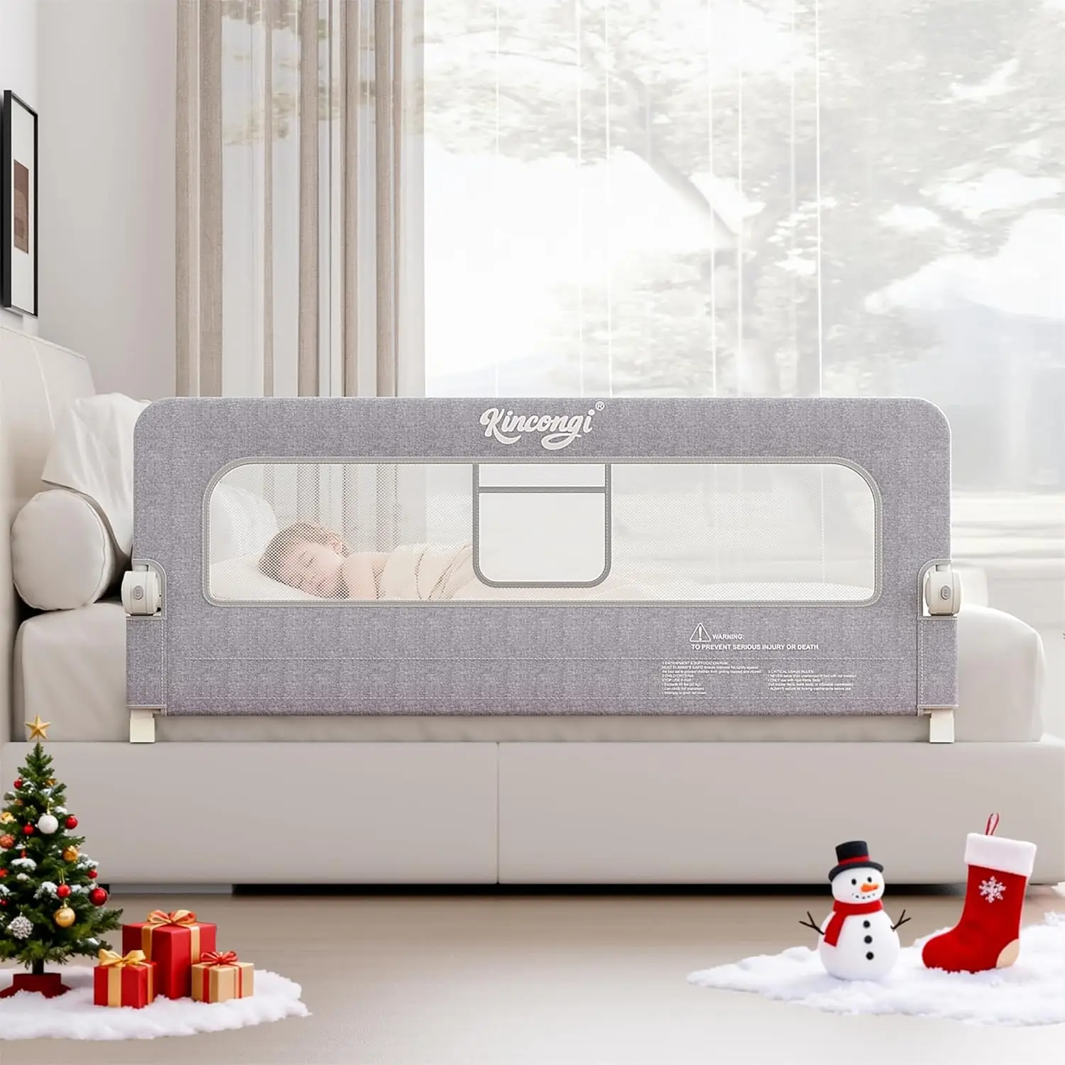 

59-Inch Swing-Down Toddler Bed Rail with U-Shape Base, Breathable Guard for King/Queen/Full/Twin Beds