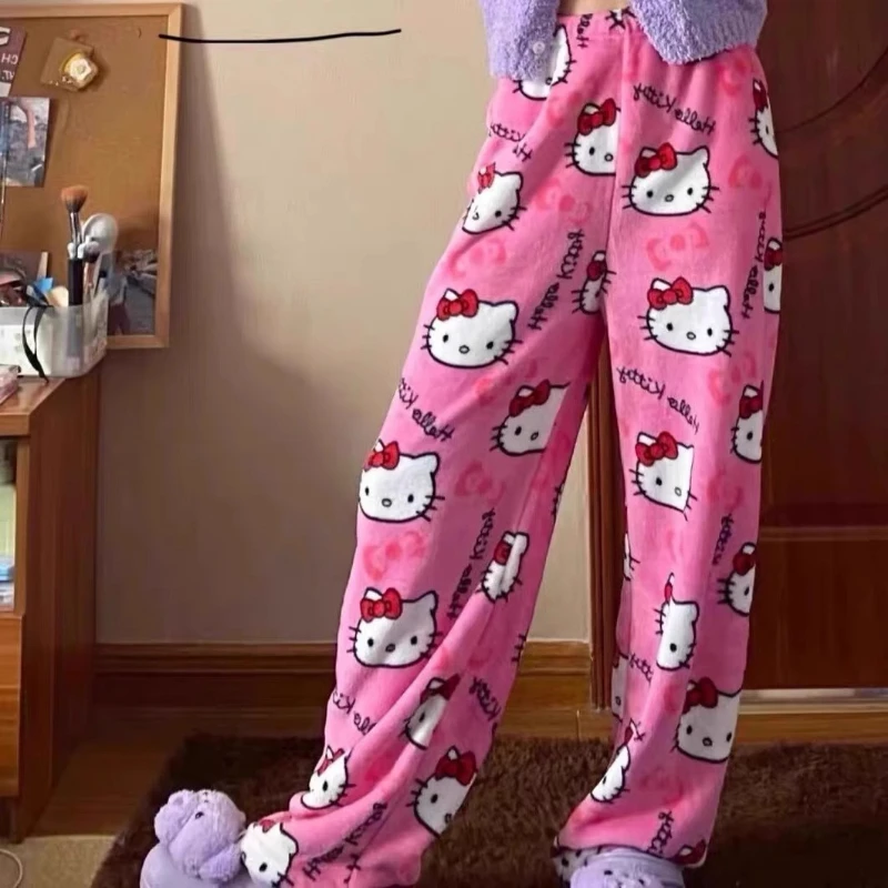 

Sanrio Hello Kitty Pajamas Halloween Flannel Fashion Trouserswomen Kawaii WoolenAnime Cartoon Casual Home Pants Autumn