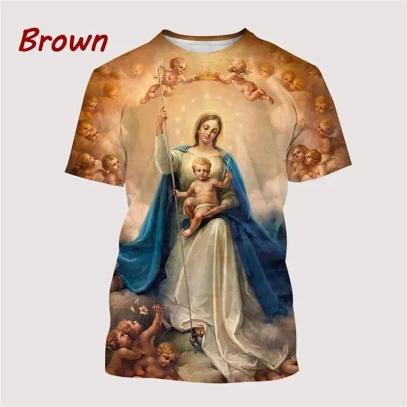 Mother Of Jesus Virgin Mary Tshirt For Men 3d Printed Short-sleeved Christian Belief Tee Tops Round Neck Oversized Mens Tshirt