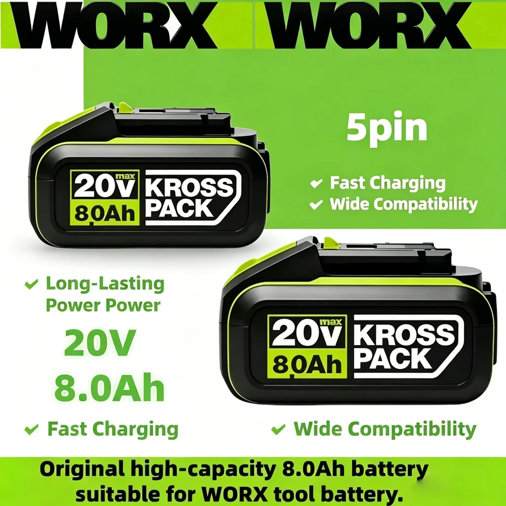 WORX 20V 5Pin Replacement Battery 5Ah 6Ah 8Ah LED Level Display For WA3551 WA3553 WU279 WU182 Household Handheld Power Equipment
