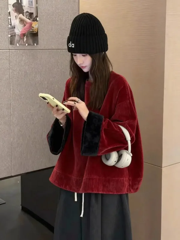 

Красный и черный вельветовый свитшот Thiened Loose Lazy Sle Корейская система Осень-зима Женский модный корейский топ