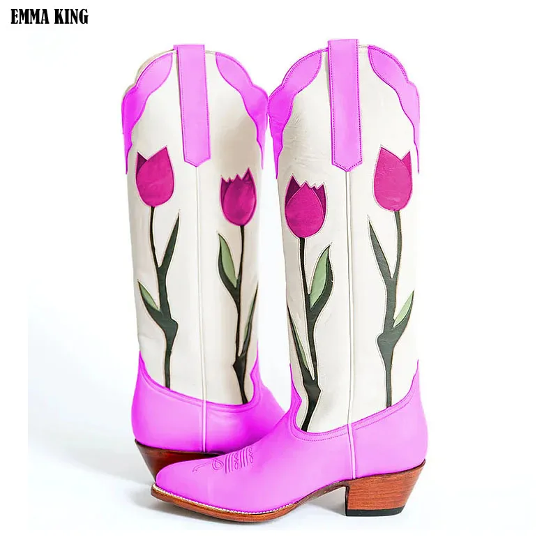 

Pink Flower Decor Knee High Boots Zipper Chunky Heel Pointed Toe Fashionable Sexy Winter 2024 Woman Shoes Zapatillas Mujer