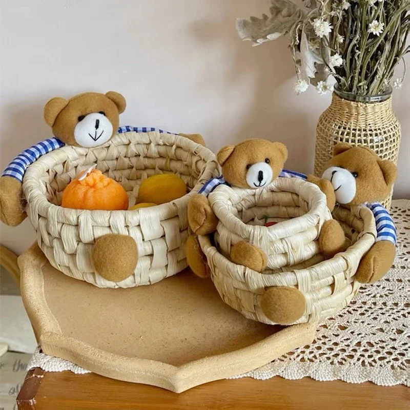 Cute Bear Storage Baskets Kawaii Mini Woven Display Basket Desktop Multi-purpose Sundries Storage Basket Organize Home Decor 바