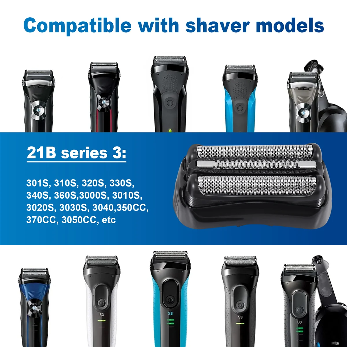 การเปลี่ยนเครื่องโกนหนวด21B 2ชิ้นสำหรับชุดมีดโกนไฟฟ้า3ใบ301 310S 320S 330S 340S 360S 3010S 3020S 3030S 3040