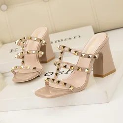 Euro-american Style Simple Square Open Toe Slippers Fine Heels High Heels Pointed Head Rivets One Word With Women's Sandals