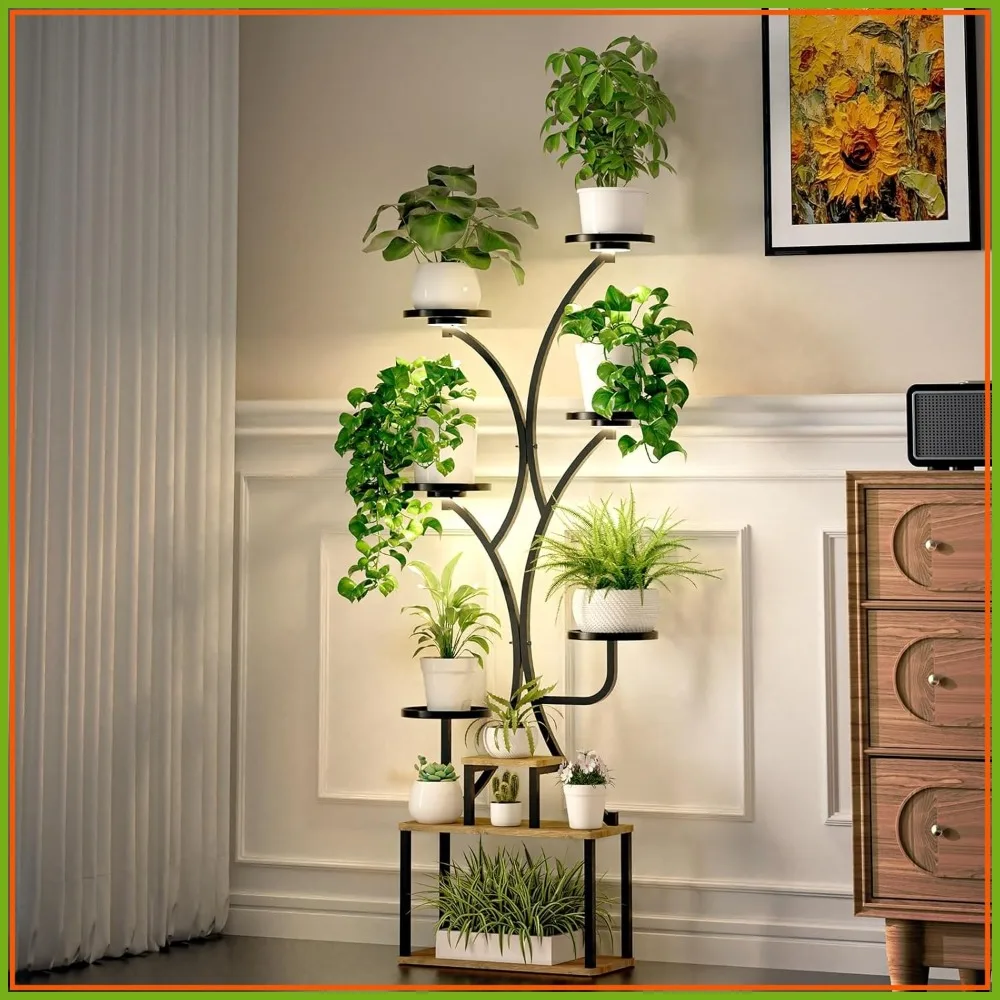 

70" Tall 9-Tier Plant Stand with Grow Lights, Corner Shelf for Indoor Plants, Metal Display Rack for Living Room