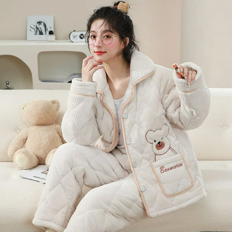 Three-layer Padded Coral Fleece for Women Winter Can Be Worn Outside Thickened Fleece Student Dormitory Flannel Loungewear Set