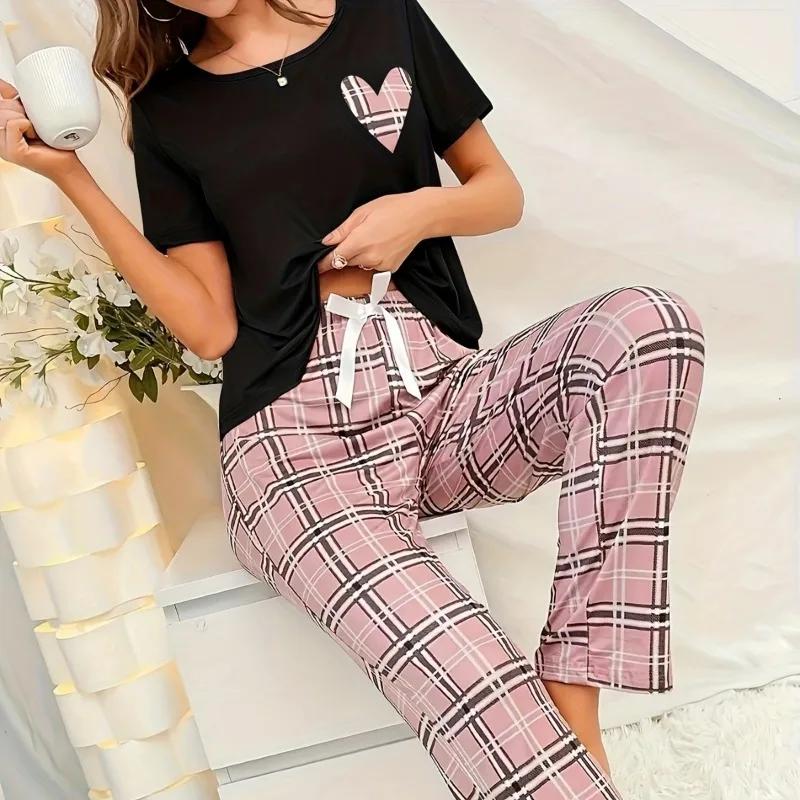 

Summer Women Pajama Set Digital Alphabet Butterfly Print Short Sleeve Sleepwear Comfort Breathable Stylish Cute