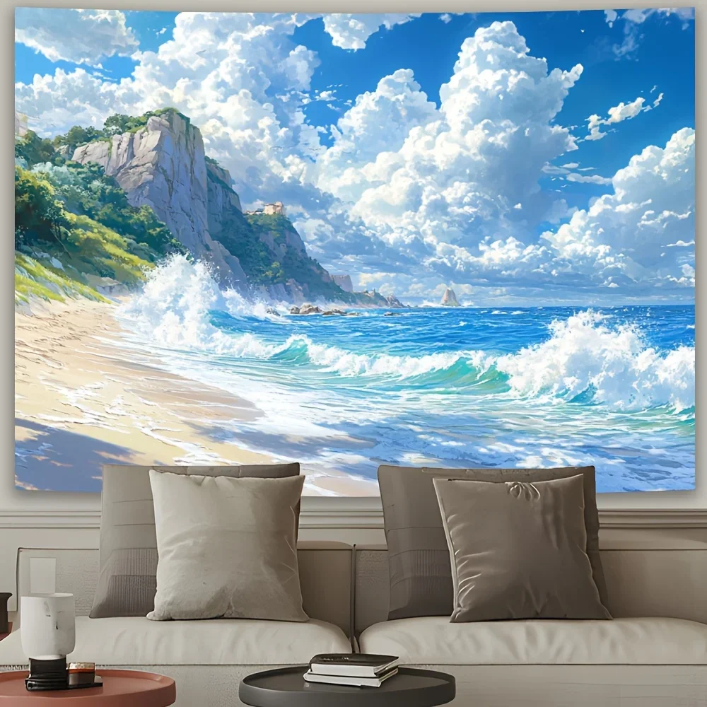 HD-Coast Wave Cliff Tapestry – Living Room, Bedroom, Office, Home & Party Multifunctional Decoration, Ideal Gift