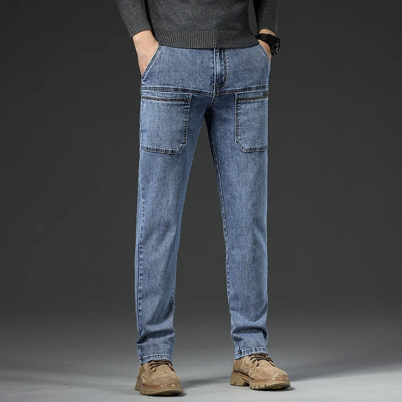 6 جيوب تصميم الدينيم الجينز الرجال 2025 جديد مرونة عالية الدنيم بناطيل كاجوال مستقيم الذكور السراويل موضة منتصف الخصر الجينز
