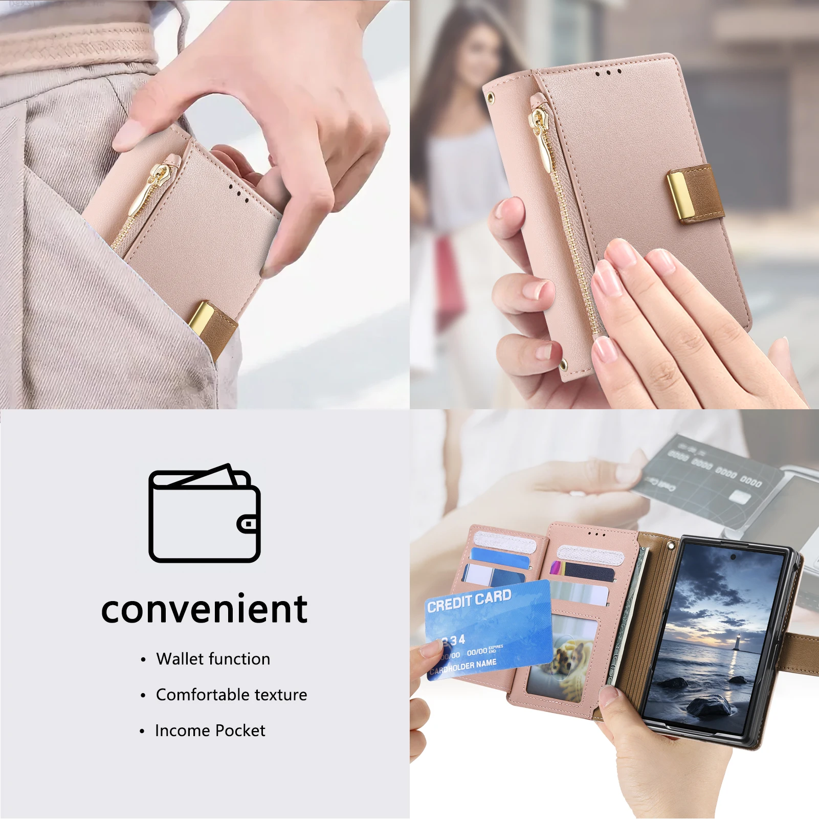 Simple Zipper Flip Multi Card Slots Wallet Leather Phone Case for iPhone Ultra 18 Fold Wide Shockproof Stand Skin Feel Cover view 5