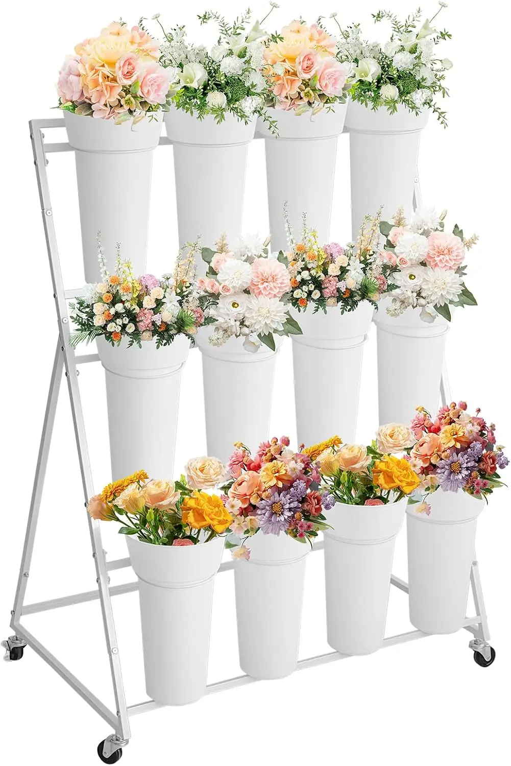 Tacleekii 3-Tier White Metal Flower Display Stand with 12 Removable Waterproof Buckets, Rolling Plant Rack – Multi-Layer Indoor Outdoor Flower Pot Holder for Florist, Garden, Patio, Wedding, White