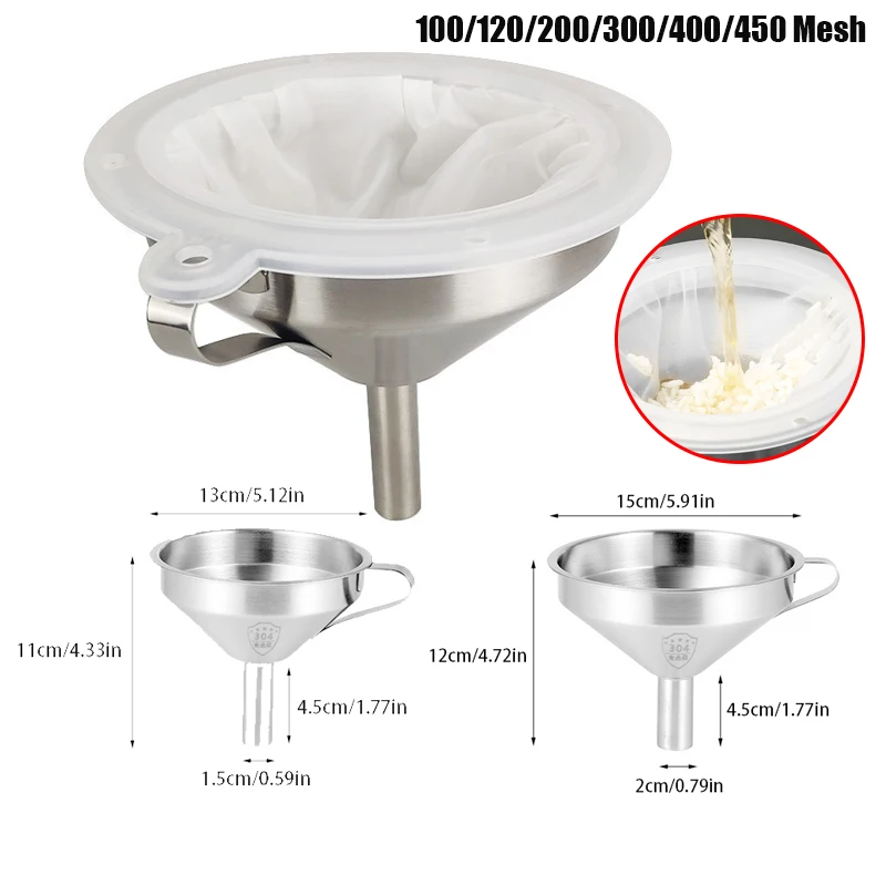 1PC 100/120/200/300/400/450 Mesh Nylon Filter Stainless Steel Funnel For Fruit Milk Traditional Chinese Medicine Oil White Wine