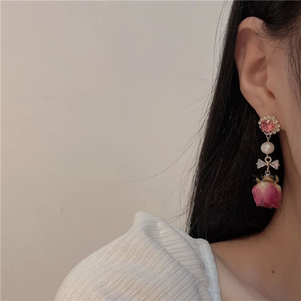 Rose Dried Flower Pendant Earrings Elegant Sweet Eternal Flower Earrings Plating Court Style Real Flower Earrings