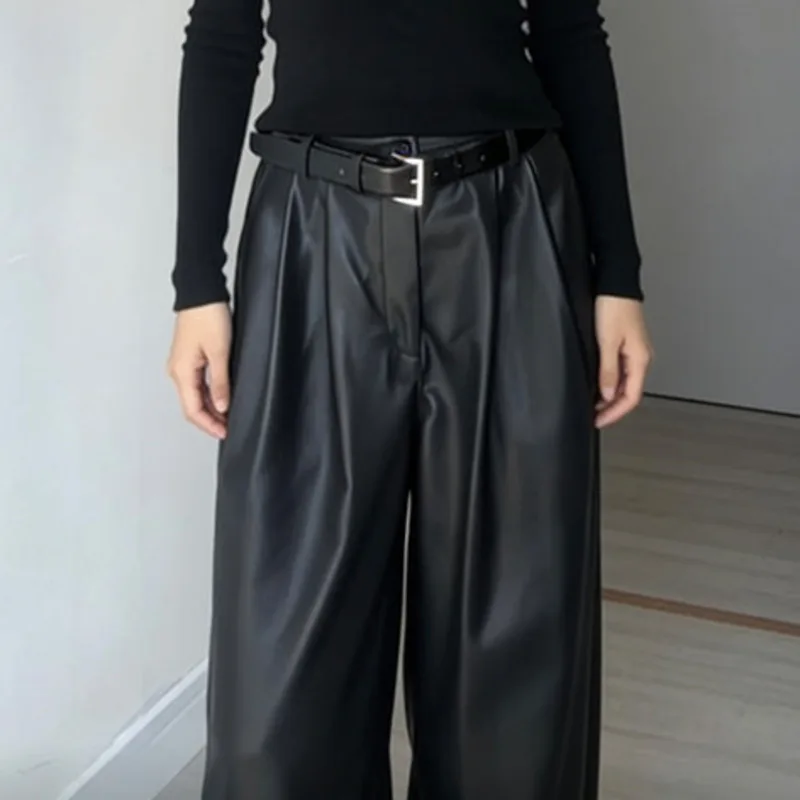 HKSH Women's PU Leather Wide Leg Pants Solid Color Draped Pleated Versatile Elegant High Street Casual New Spring Autumn HK20323