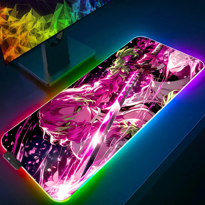

RGB LED Gaming Mouse Pad HD Computer Office D-demon Slayer Kanroji Mitsuri Game Mousepad Rubber Anti-slip Keyboard Pad Desk Mats