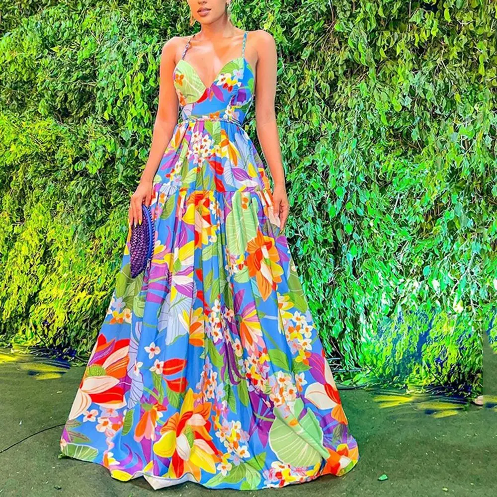 Women's Casual Holiday Dr Floral Print Off-oulder Maxi Gown High Waist Street Sle Summer Long Skirt A-Line Silhouette