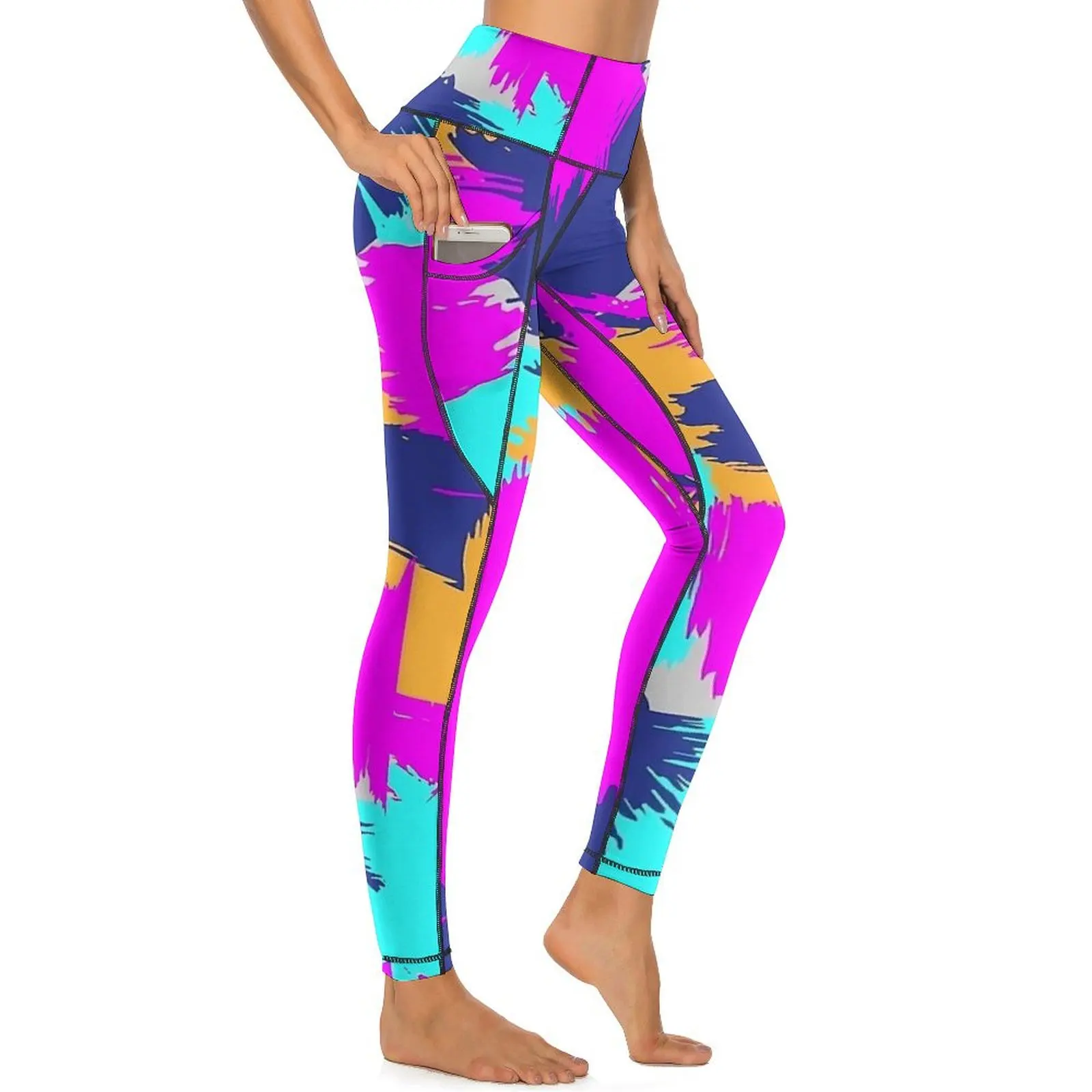 80s Color Block Print Leggings Sexy  Push Up Yoga Pants Funny Stretch Leggins Women Graphic Fitness Running Sports Tights