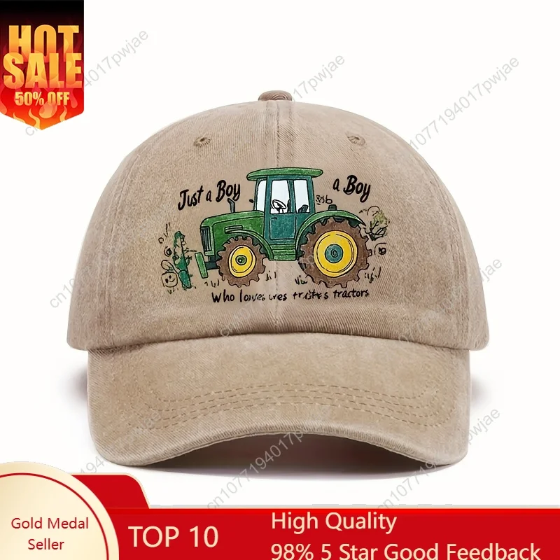 

Just a Boy, a Boy Who Loves Tractors - Vintage Green Tractor & Farm Scene Baseball Cap, Casual Outdoor Sports Hat with Adjustabl