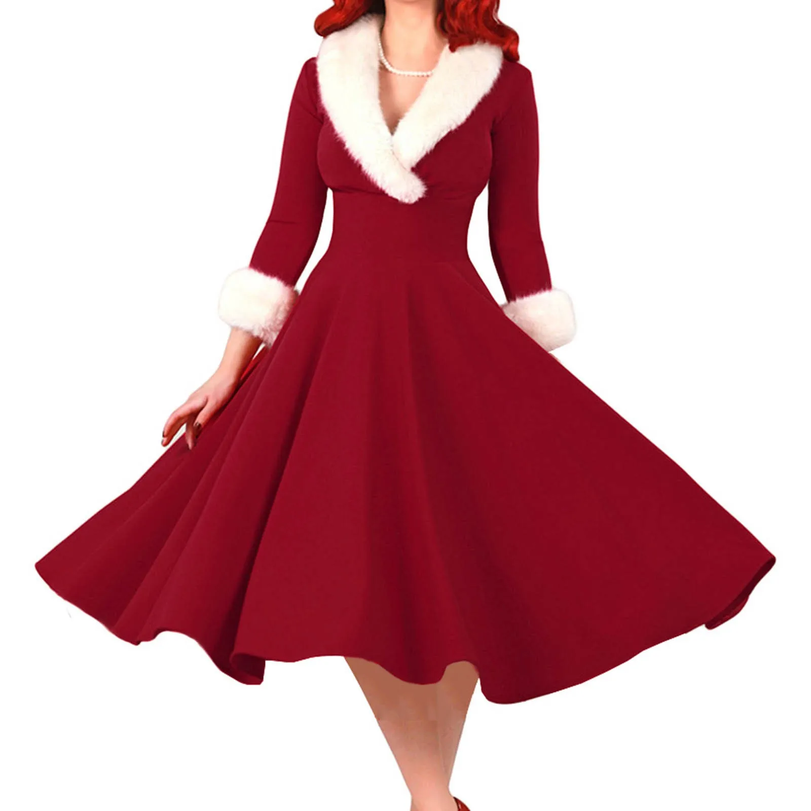 Vestido de Navidad de Año Nuevo para mujer, traje Sexy de Navidad, manga larga, cuello en V, felpa cálida, vestido plisado elegante, Túnica Swing