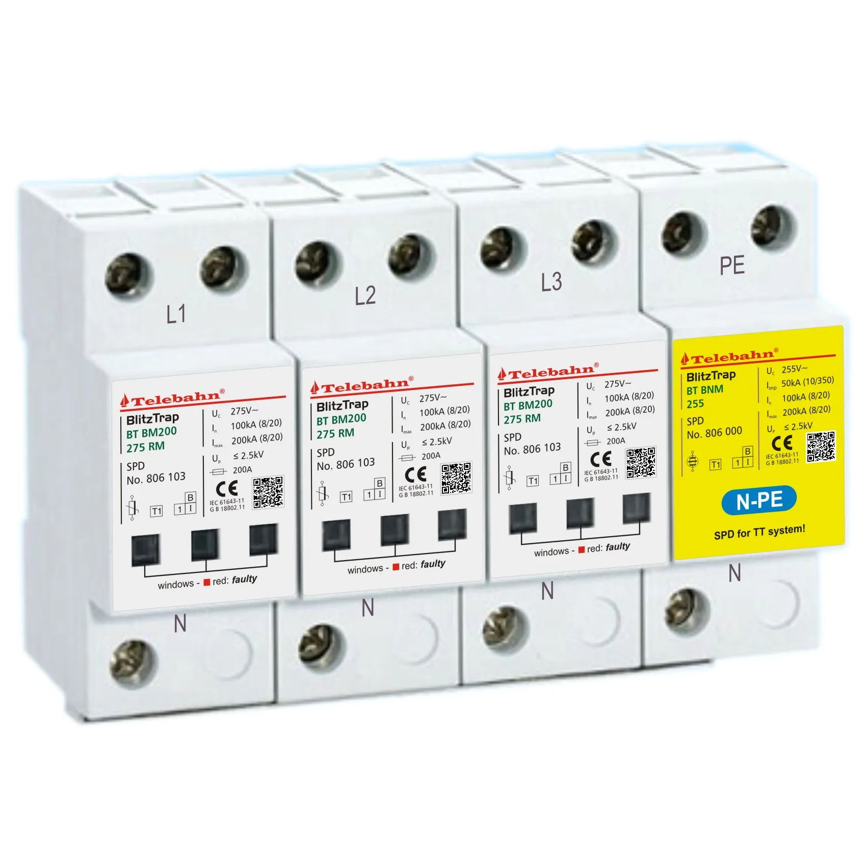 SPD Surge Protector T1 100kA 200kA AC 275V for Three-phase TN-S/ TT 3+1 Circuit System SPDs Lightning Arrester