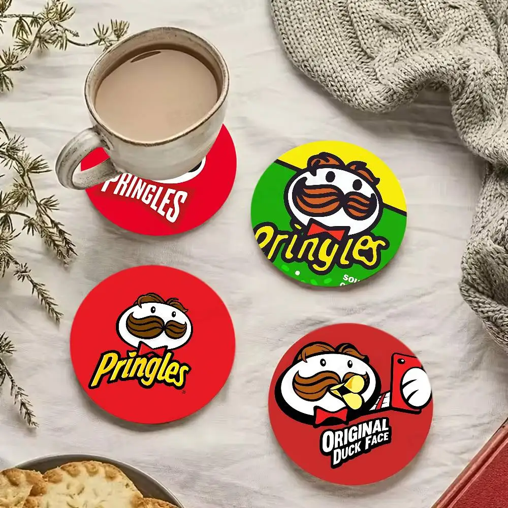 Classic Snack LOGO P-Pringles Coasters Suitable for daily family gathering decoration, kitchen, anti-slip wooden coasters