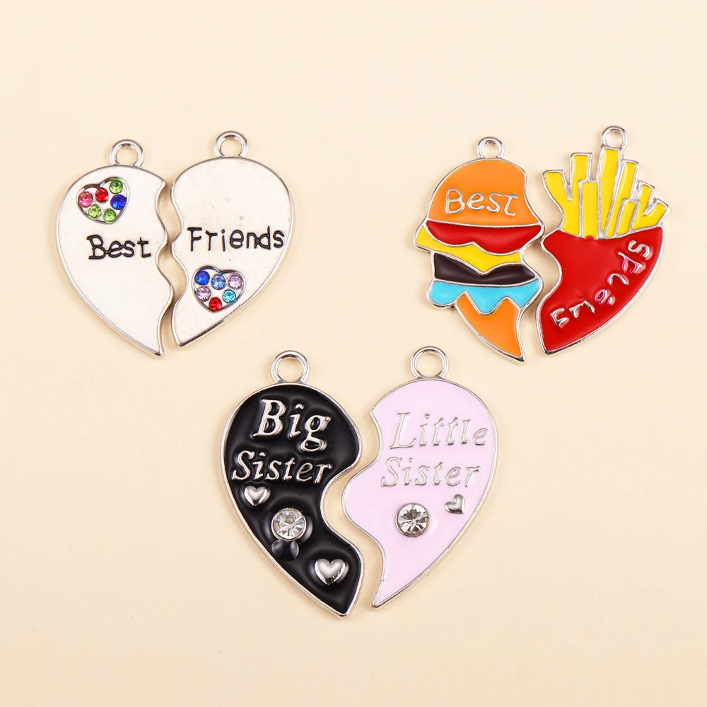 2Pairs Lovely Burger Fries Heart Shape Pendant for Women Jewelry Making Splicing Friendship Necklace Bracelet Good Friend Gifts