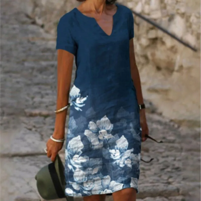 Spring And Summer New Women's Retro Positioning Printed V-neck Casual Dress Fashionable Women's Short Sleeved Dress Midi Vestido