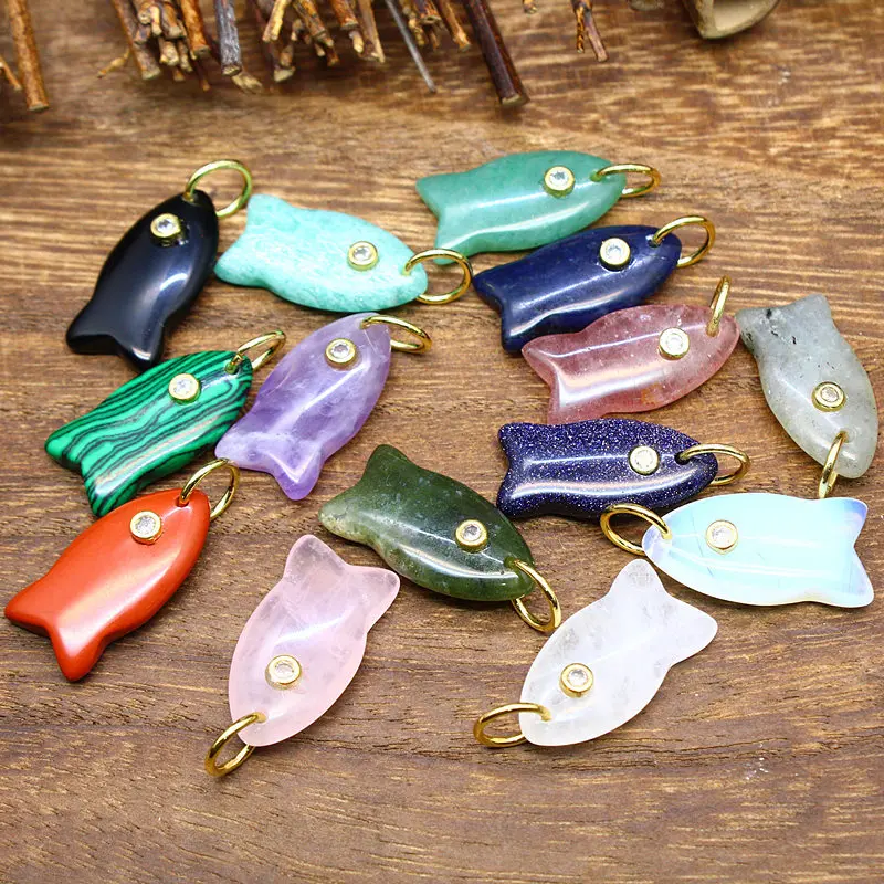 1pc Natural Stone Carved Fish Shape Zircon Paved Beads Pendants Malachite Tiger Eye Quartz Charms DIY Necklace Jewelry Gift
