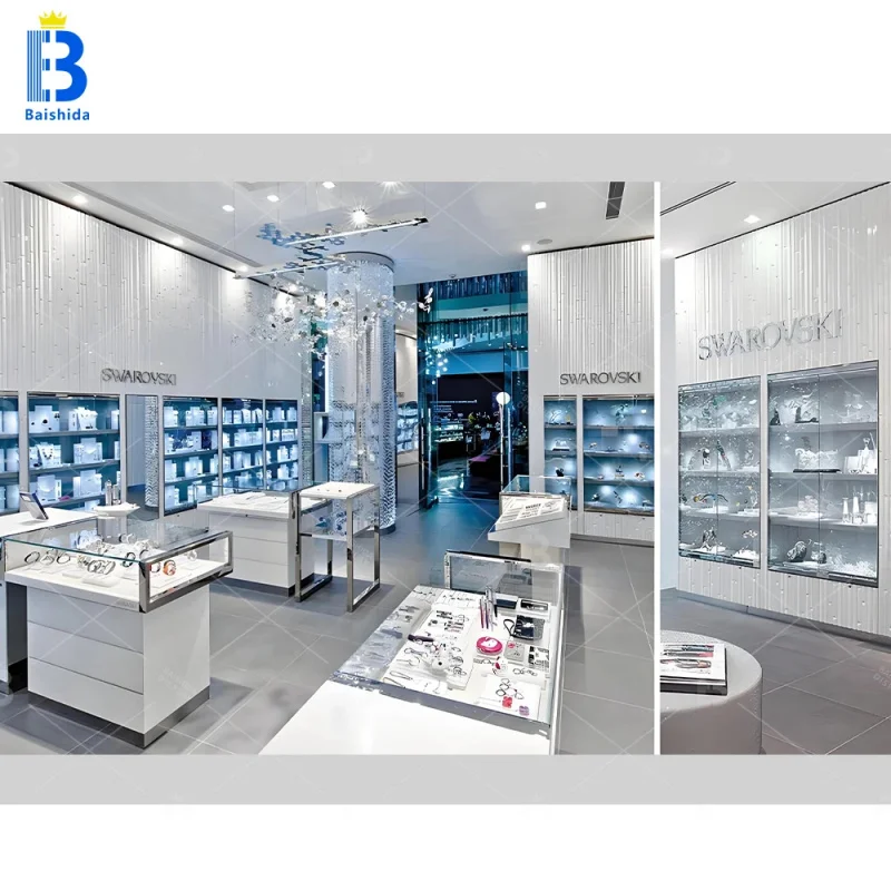 

custom.Luxury Modern White Wooden Jewelry Shop Wall Display Showcase Custom LED Light Fashion Luxury Jewellery Showcase Des