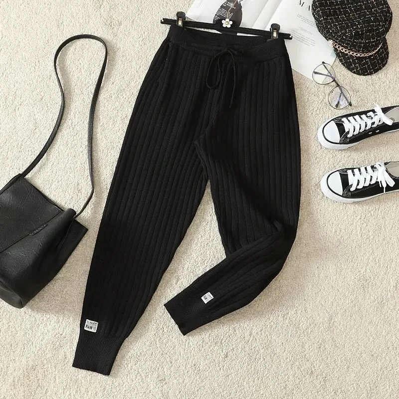 

Sports Spring And Autumn Knitted Haren Pants Korean Version Of Age-Reducing Thin High-Waisted Nine-Point Trousers Woman Clothin