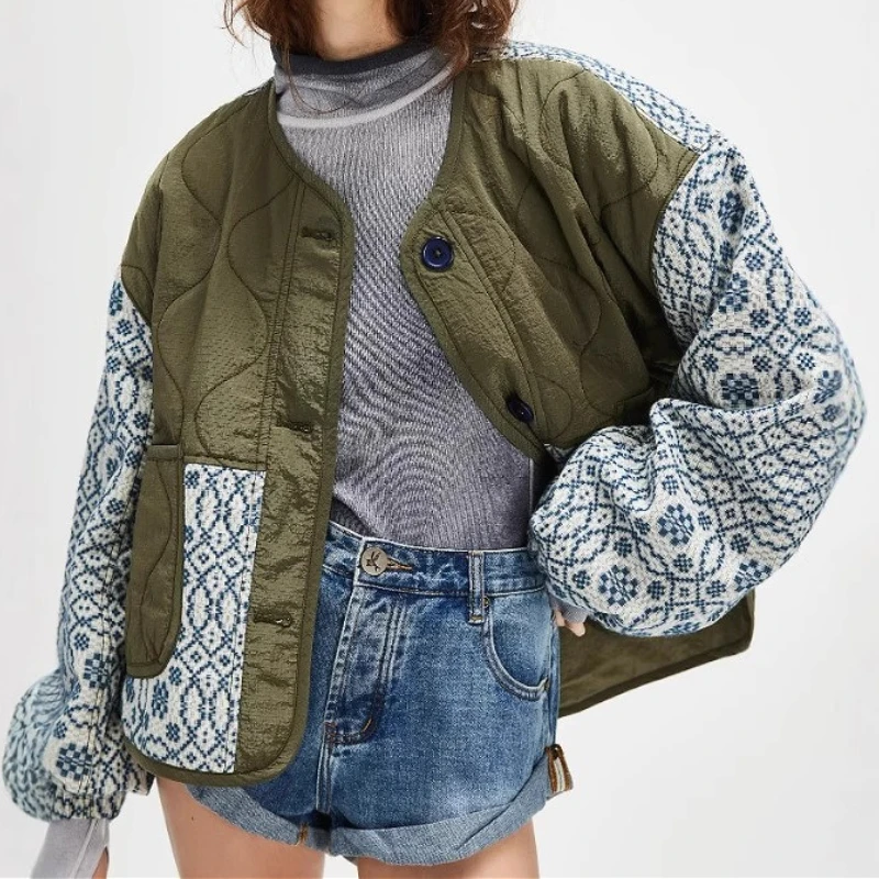 

Parkas Coats Women Print Jackets Patchwork Button Pocket Long Sleeve Loose Single Breasted Casual Office Lady 2025 Autumn Winter