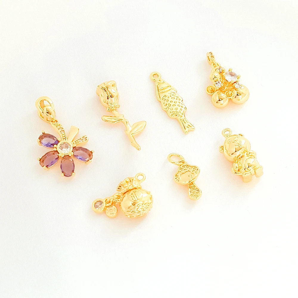 

Brass Plated with Genuine Gold Zircon Inlaid Money Bag with Ruyi Flower Pendant DIY Jewelry Making Necklace Bracelet Accessory