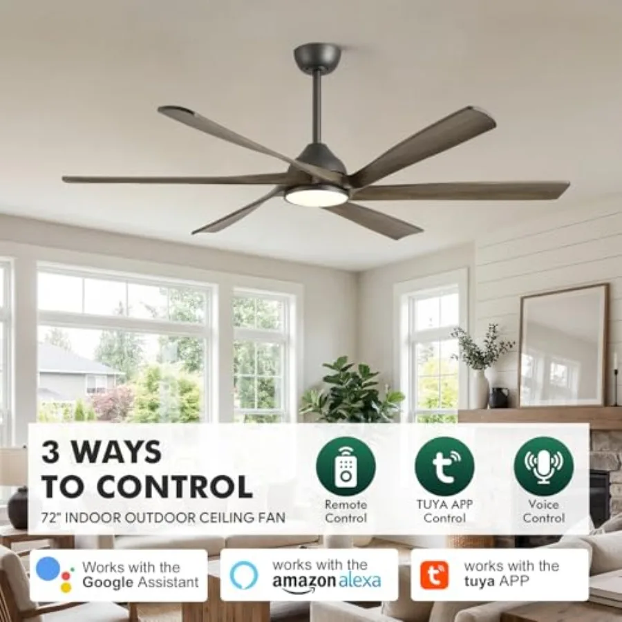 Patio outdoor ceiling fan with light: 72-inch, solid wood blades, modern farmhouse style, damp-rated, 8396 CFM quiet reversible