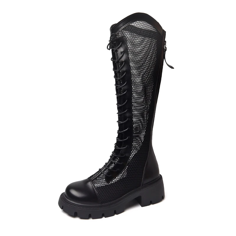 Women Summer Knee-high Mesh High Boots Female Breathable Platform Mesh Lace-up Knight Boots Thick Heel Hollow Long Knight Botas