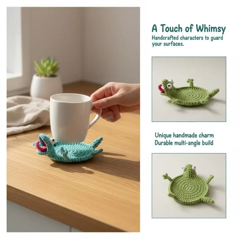 Crochet Lizard Coaster Cute 3D Amigurumi Handmade Funny Animal Cup Pad Heat Insulation for Office Home Drink Mug Use
