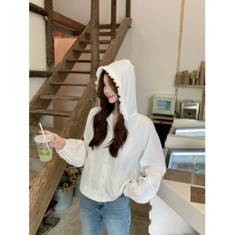 

Korean Style Loose Splice Lace Trim Hood Design Women's Shirt Slimming Versatile Sun Protection Open Cardigan Spring 2026