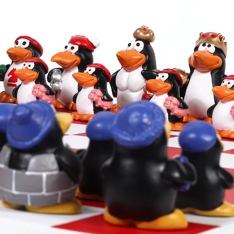 Cartoon penguin shape chess set hand-painted resin chess piece king height 7cm built-in wood PU surface chessboard 40cm I188