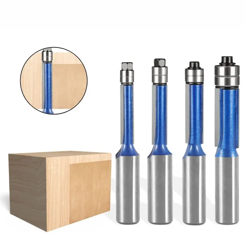 4pcs,1/2 Inch Shank Double Bearing Flush Trim Router Bit - Silver Blue Woodworking Milling Cutter, Electric Wood Milling Tools