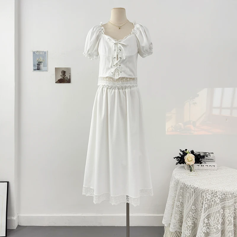 Set da donna patchwork in pizzo dolce stile francese T-shirt con lacci con colletto quadrato chic Top + gonne in vita elastiche Abiti estivi femminili