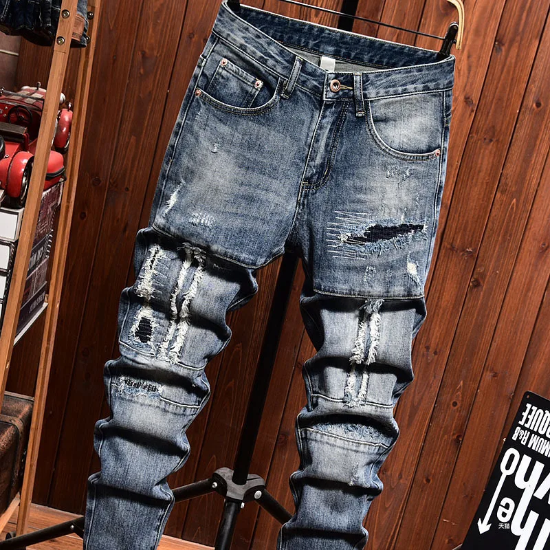 

Высококачественные рваные джинсы с мужскими нашивками, модные крутые джинсы в корейском уличном стиле, ностальгические длинные брюки