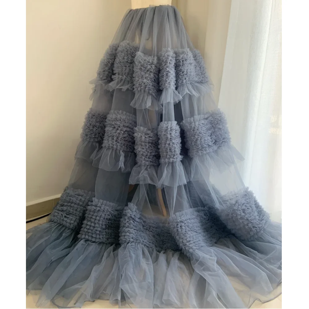 Real Picture Handmade Ruffles Trimmed See Thru Long Tulle Skirt A-line Long Tulle Women Skirt Bridal Skirt