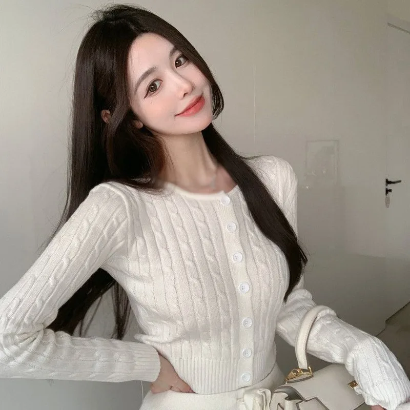 Knitted Cardigan Women\'s Coat  Long Sleeve  Round Neck Korean Sweater Vintage Slim Short Tops  Spring