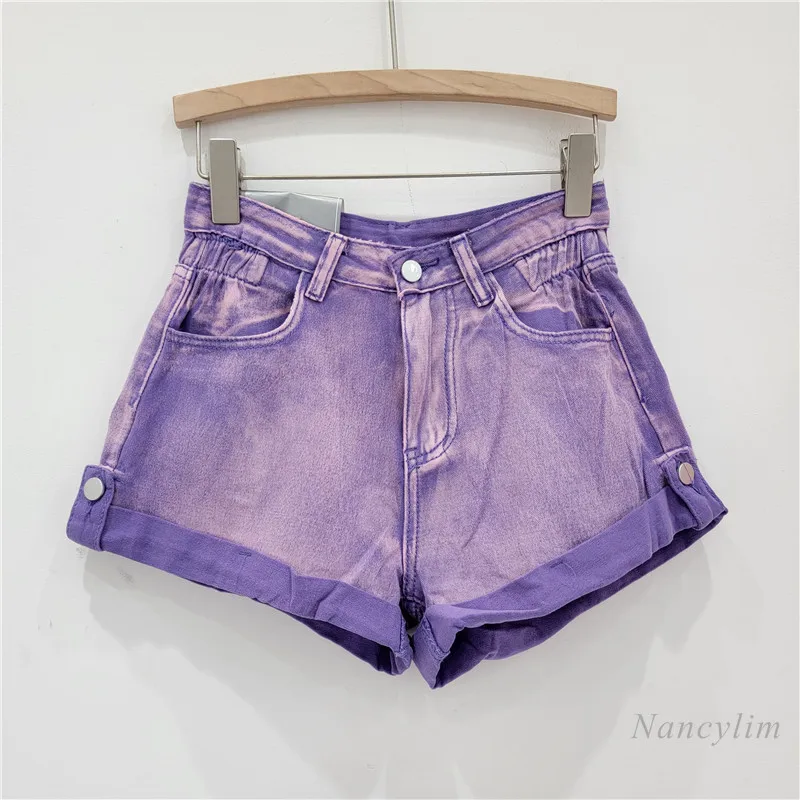 European Style Curling Denim Shorts Women's 2024 Summer Elastic High Waist Bud-Shaped Hot Pants A- Line Wide Leg Purple Shorts