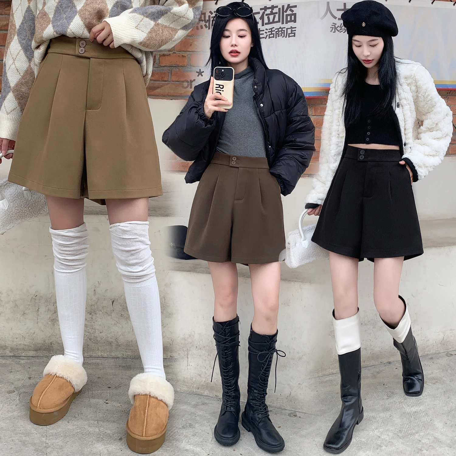 

2024 New Autumn and Winter Fashionable Style Woolen High-waisted Wide-leg Casual Pants A-line Button Slimming Shorts for Women