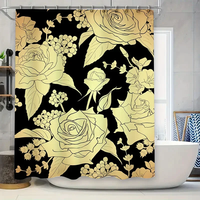 

Роскошная занавеска для душа с золотым цветочным принтом, черный фон, декор для ванной комнаты для современного улучшения дома, потертые шикарные шторы для ванной с R